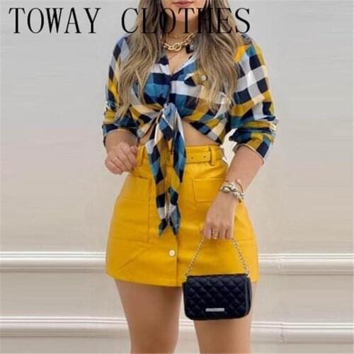 Turn-down Collar Plaid Print Tied Detail Top & Buttoned Skirt Sets Casual 2PCS For Pre-Fall Women Set