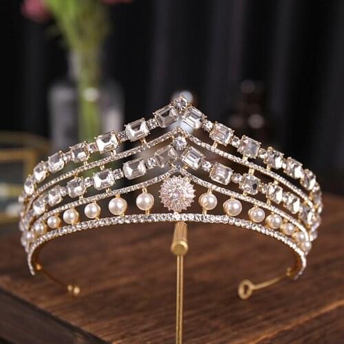 Vintage Glod Rhinestone Bridal Tiara Fashion Golden Diadem For Women Gifts Wedding Dress Hair Jewelry Princess Crown Accessories