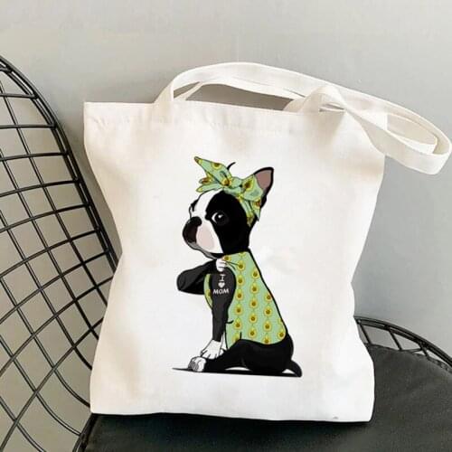 Shopper Green Bandanas Boston Terrier I LOVE MOM Printed Tote Bag women shopper handbag girl Shoulder shopping Lady Canvas Bag