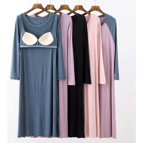 Fdfklak Womens Sleepwear New Long-Sleeved 2021 Spring Summer Modal Nightgowns Loose Home Service With Chest Pad Night Dress