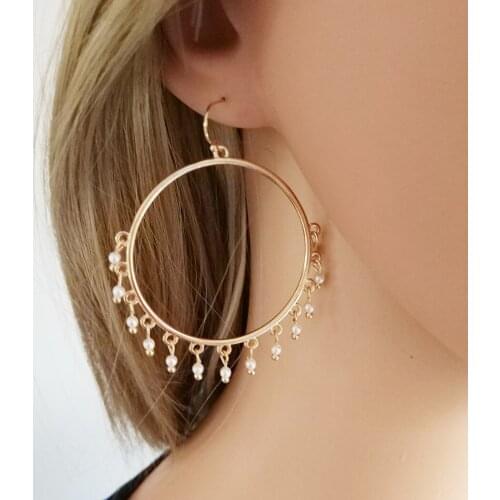 High Quality circle tassel Big Hoop Fake Pearl Around Drop Earrings for Women