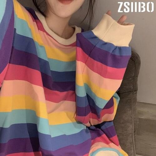 New hoodies Women Rainbow Striped Tops Harajuku Sweatshirts 2019 Autumn Thin Sleeve Korean Punk clothes camiseta feminina