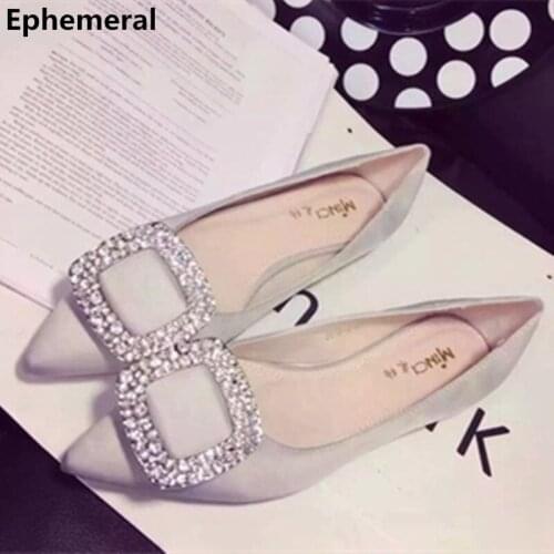 Female Silk Flat With Luxury Rhinestones Pointed Toe Slip-Ons Brand Shoes For Driving Dancing Grey Red Black Larger Size 17 34