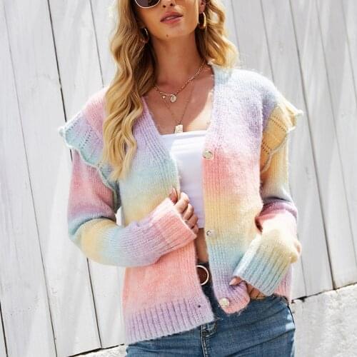 Rainbow Tie-Dye Knited Cardigan Sweater Women Spring Autumn Cute V-neck All-Match Streetwear Sweet Lady Vacation Knitwear Coat