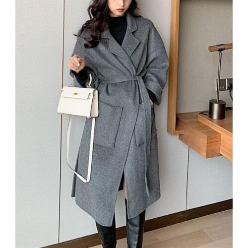 Temperament Korean version double-sided handmade wool coat womens knee length lace up cashmere coat peach pink gray