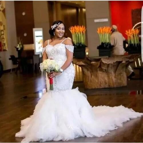 African Sequin Lace Vintage Mermaid Wedding Dresses 2022 Long train Puff Skirt Crystal Beads Plus Size Bridal Gowns