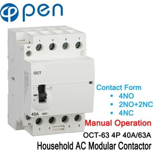 OCT-63 Series 4P 40A/63A Manual Operation AC Household Din Rail Modular Contactor 220V/230V 50/60Hz Contact 4NO/2NO+2NC/4NC
