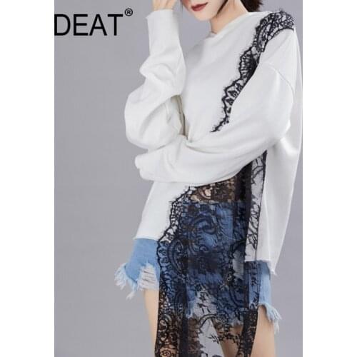 DEAT 2021 New Arrivals Autumn Fashion Women Clothes Hoodies Lace Patchwork Asymmetrical Sweatshirt Female Top 1A33300
