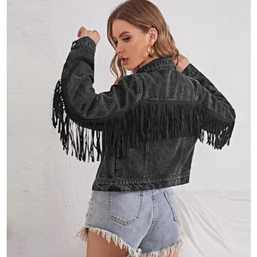 High Street Womens White Tassel Jeans Jacket Female Kpop Clothes Streetwear Casual Washed Frayed Destroy