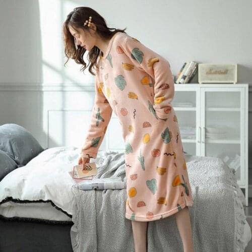 Coral Velvet Nightdress Womens Winter Korean Version Loose Long Over The Knee Large Flannel Nightdress for Womens Home Wear