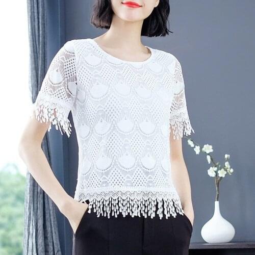 Lace Blouses Shirts Women Spring Summer Style O-Neck Short Sleeve Tassel Decor Lace Blusas Tops DD8032