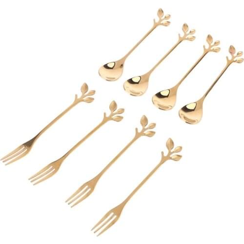 8pcs/set Leaves Shape Coffee Tea Spoon Dessert Salad Fruit Forks Tableware Ice Cream Stirring Spoon Home Kitchen D08D