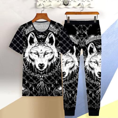 Mens summer short-sleeved round neck T-shirt suit casual loose sportswear trend animal wolf pattern mens clothing