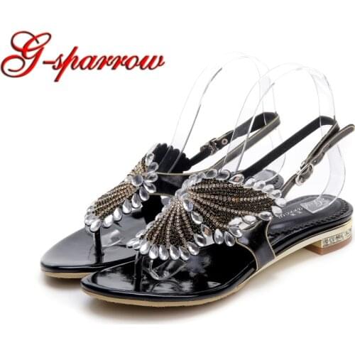 2018 Newest Designer GS-L029 Women Flat Sandals Toepost Back Strap Summer Sandal Glitter Black Rhinestone Prom Party Flats