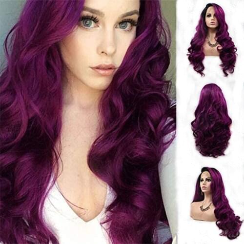 Purple Lace Front Wigs for Women Body Wave Long Synthetic Realistic Hair Wig with Black Roots Glueless Hair Replacement Wigs 24