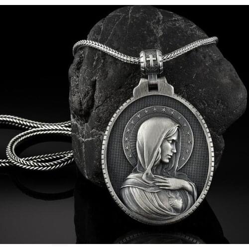Christian Mary Sacred Heart Pendant Necklace Mens Retro Catholic Religious Tag Chain Necklaces for women