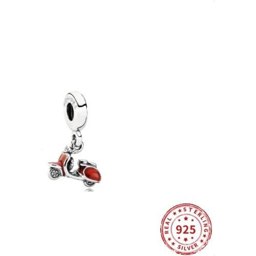 Real 925 Sterling Silver Beads Motorcycle Red Enamel Pendent Charm Fit Original Pandora Bracelets Bangles Women Jewelry 2021