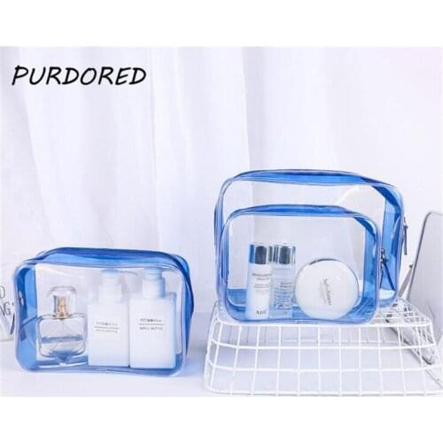 PURDORED 1 pc Blue Clear Cosmetic Bag Travel PVC Women Makeup Bag Zipper Makeup Organizer Bath Wash bag Case Dropshipping