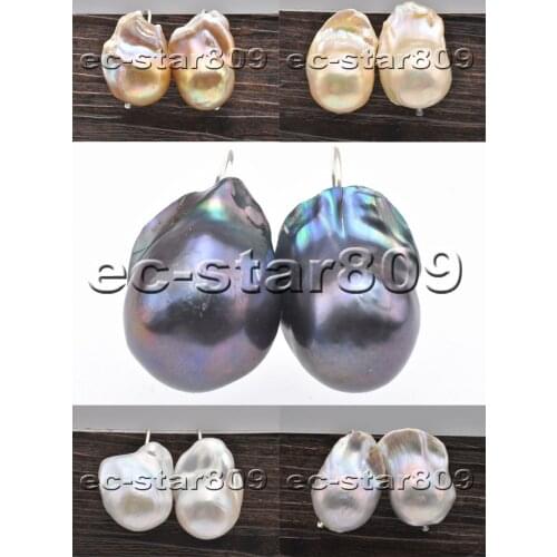 P6831 20mm Baroque Keshi Pearl Fixed Dangle Earring 925silver