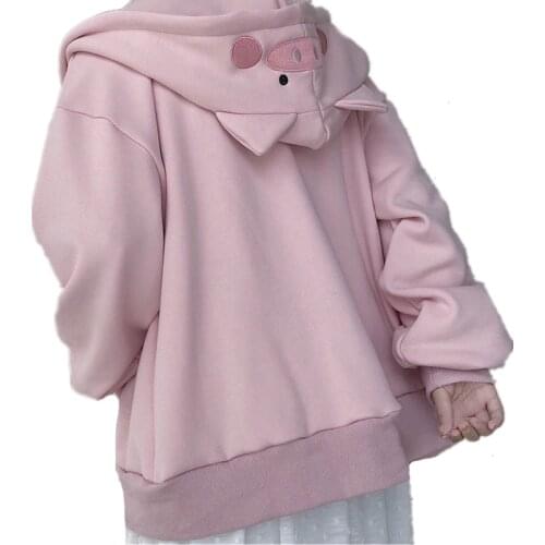 Fall Harajuku Cute Pig Ears Embroidery Hooded Sweatshirt Women Long Sleeve Hoodies Teenager Young Girl Pullover Pocket Sudadera