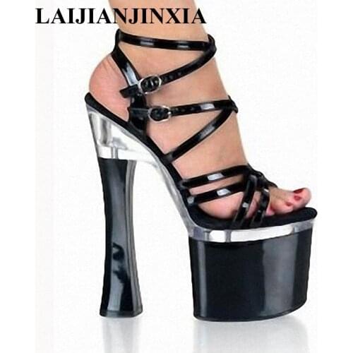 LAIJIANJINXIA 18cm ultra high heels open toe sandals 7 inch sexy gladiator platform thick heel shoe spool heels Exotic shoes