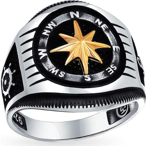 Solid 925 Sterling Silver Compass Anchor Rudder Turkish Mens Ring