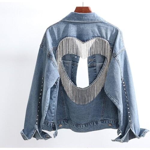 Denim Jacket Female Light Blue Diamond Tassel Coat Single-Breasted Open Back Women Jeans Coat 2021 Autumn Fashion New Clothing