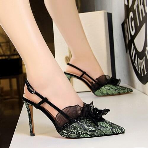 2020 Women Summer 9cm High Heels Lace Sandals Lady Fetish Stiletto Pumps Female Escarpins Strappy Mesh Party Green Purple Shoes