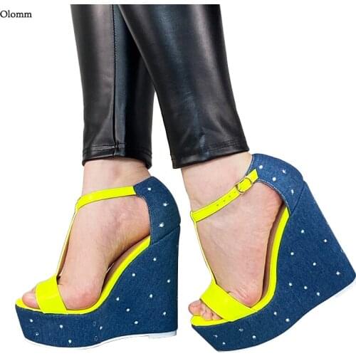 Olomm Handmade Women Summer T-strap Sandals Sexy Wedges High Heels Open Toe Gorgeous 7 Colors Party Shoes Women Size 45 47 52
