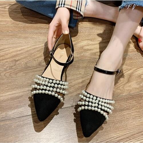Women Slides Hollow Out Pearl Narrow Band Sandals Shoes Pointed Toe Sandalias Beads Cover Heels Buckle Band Femmes Sandales