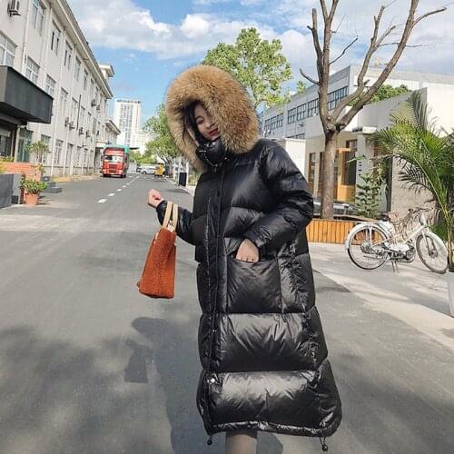 Huge Real Raccoon Fur 2021 Winter Long Down Jacket Women White Duck Down Coats Loose Hooded Parka Thick Warm Windproof Overcoat