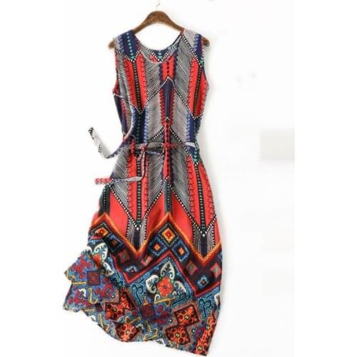Women Summer 100% Silk Dress O neck Vintage Natural silk dresses Printed Elegant Dress Casual holiday real silk dress
