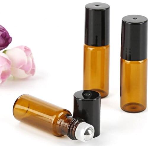 100pcs/lot 5ml Amber Roll On Roller Bottle for Essential Oils Refillable Perfume Bottle Deodorant Containers with black cap