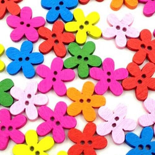 100Pcs Mixed Color Flower 2 Holes Wooden Sewing Craft Scrapbooking DIY Buttons