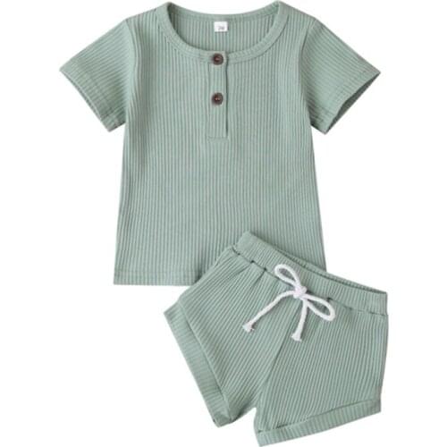 2021 New Summer Ribbed Solid Clothes Sets Newborn Baby Girls Boys Clothes Suit Tops+ Elastic Shorts Clothing Set