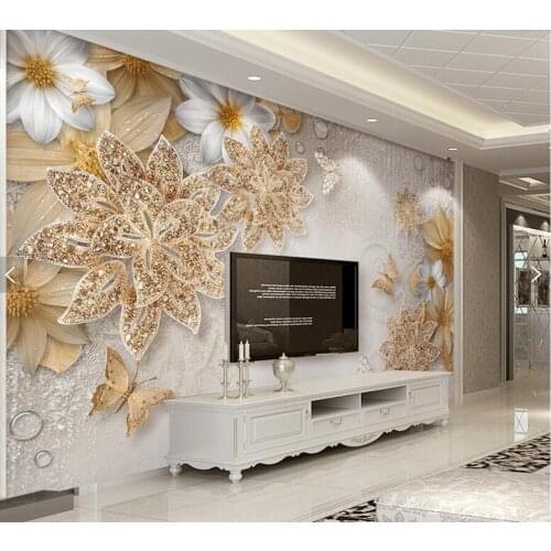 Custom wallpaper for walls 3d, golden jewelry flowers butterfly murals for living room bedroom TV backdrop home decor wallpaper