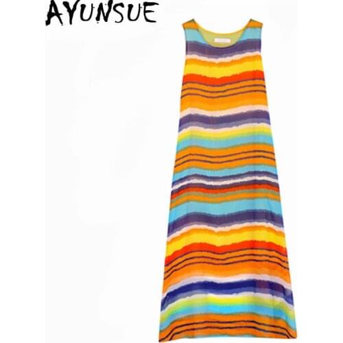 AYUNSUE 2020 Fashion Summer Bohemian Beach Dress Women Striped Chiffon Dresses Loose Casual Sleeveless Long Party Vestido WXF710