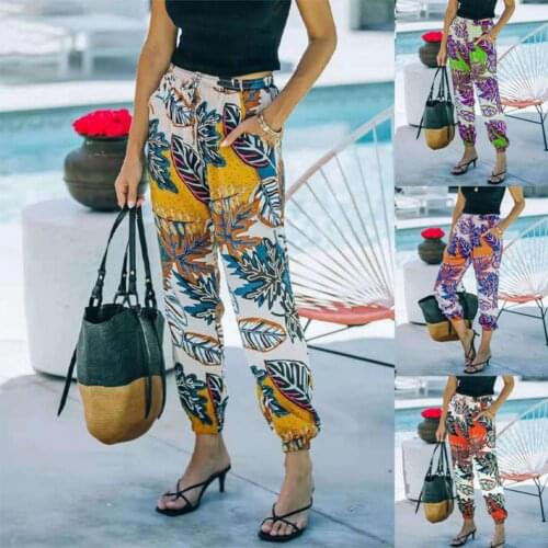 Trousers Casual Leaf Print Ankle Tied Pants Subtropical Style Print Pants Side Pockets Beachwear