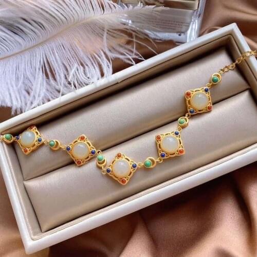 Duobao Bracelet S925 Sterling Silver Inlaid Natural Hetian Jade Embellished Lapis South Red Turquoise Vintage Court Style