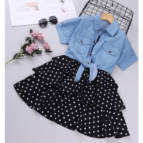 Denim Jacket Short Sleeves Girls Clothes Sets Summer Teenagers Dot Sling Princess Dress +Denim Blouse 2pc Kids Big Girl Dress