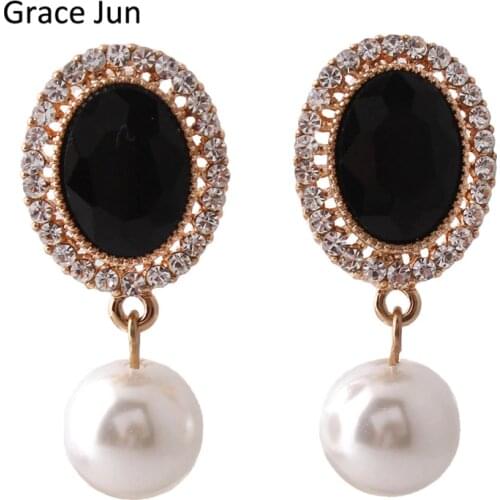 Grace Jun 3 Colors Choose Fashion Oval Crystal Rhinestne Simulated Pearl Clip on Earrings Non Piercing for Women Charm Ear Clip