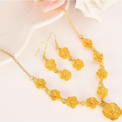 Women Jewelry set Gold filled rose Pendant flower Necklaces/Earrings pendant African Bridal Habesha Ethiopia Wedding girl Gift
