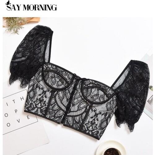 SAY MORNING Lace Corset Top Embroidered Sexy Blouse See Through Underwire Blouses Billowy Sleeve Crop Top Square Collar
