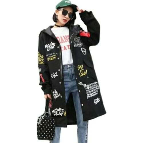 Autumn Winter Fashion Women Windbreaker Jacket Letter Printing Loose Hooded Jacket 2021 New Trend Female Jacket Black LL62
