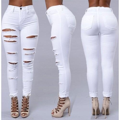 Summer Style White Hole Cool Denim High Waist Pants Capris Female Skinny Black Casual Jeans Ripped Jeans Women
