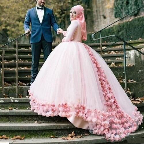 Blush Pink Muslim Puffy Wedding Dress 2021 Long Sleeve High Neck Handmade Flowers Appliques Princess Islamic Women Ball Gown
