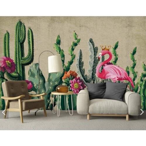 Cacti Flamingo Wallpaper Mural for Living Room Photo Wallpapers Hand Painted Contact Paper Murals Wall Paper 3d Customize