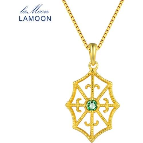 LAMOON Spider Web 3mm Round Cut Green Emerald Necklace 100% Real S925 Jewelry Box Chain+Pendant Necklace for Men Women LMNI035