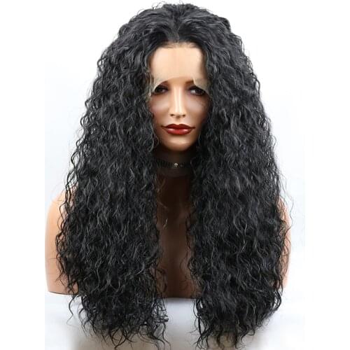 Loose Curly Glueless Synthetic Lace Front Wigs for Women Heat Resistant Fiber with Baby Hair 24 inch Natural Black Lace Wigs