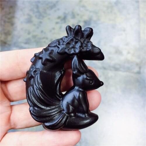 Cute Natural Stone Black Obsidian Handmade Carved Fox Statue Craft Figurine Powerful Statue For Home Decoration Gift